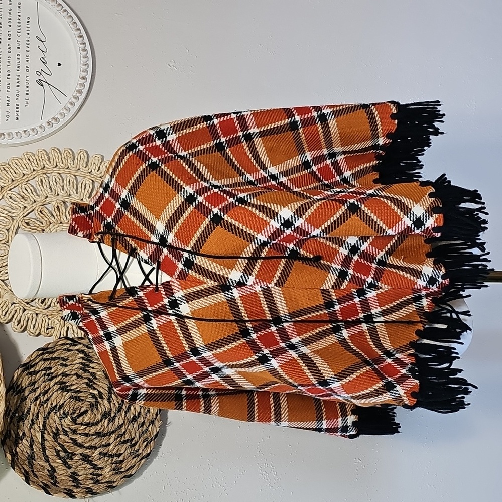 Vintage Wool Plaid Reversible Poncho Mandarin Collar Womens OS Yarn Fringe Edge